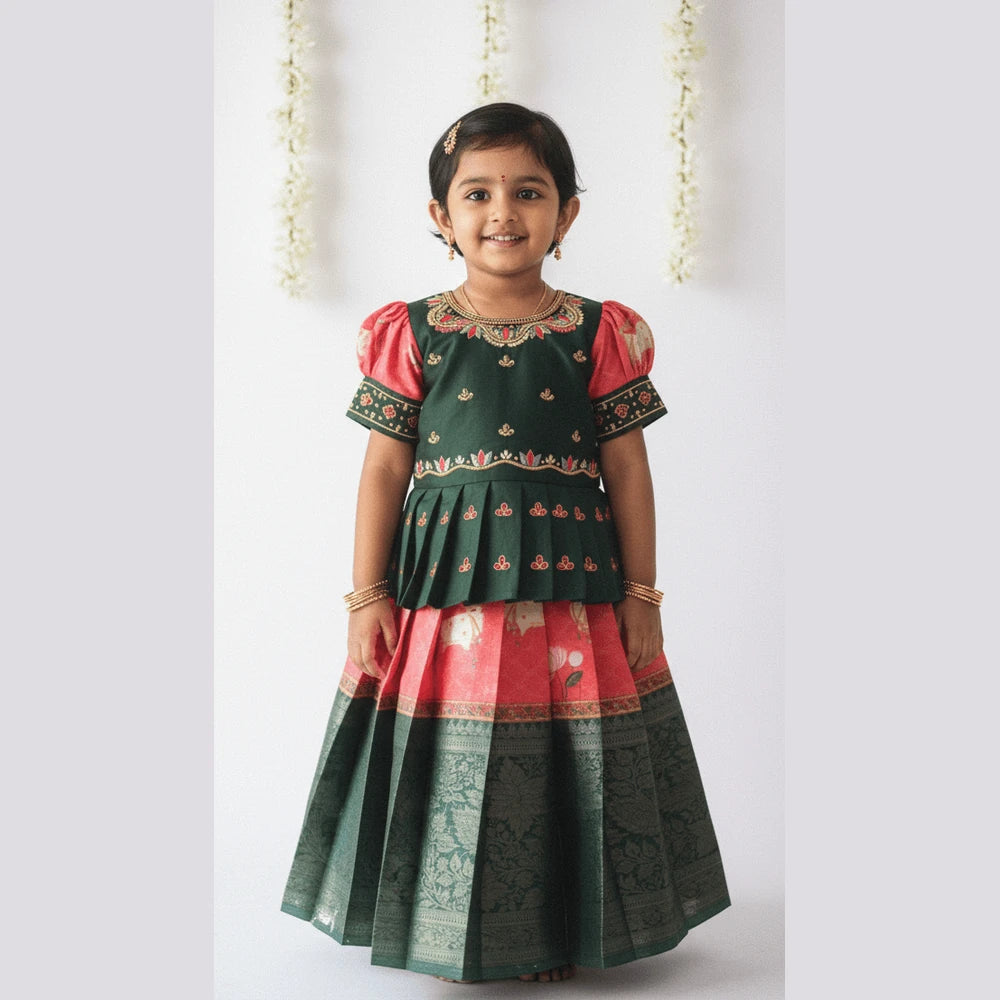 Prince N Princess Dark Green red Kalamkari AARI Work pattu Pavadai PPP1335